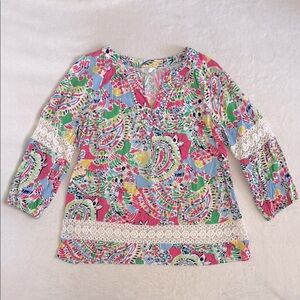 Crown & Ivy | Multicolor Crochet Lace Inset V-Neck Boho Peasant Blouse (M)